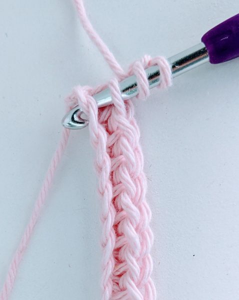 hook inserted into the first stitch of potholder