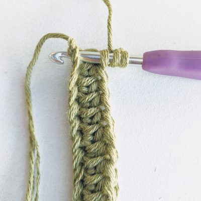crochet hook inserted into the first stitches of row 2 crochet potholder