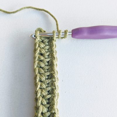 crochet hook inserted into the first stitch of row 3