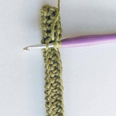 crochet hook inserted into the stitches in the middle of row 3 or crochet potholder
