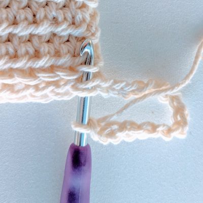 crochet hook inserted under three loops of crochet potholder
