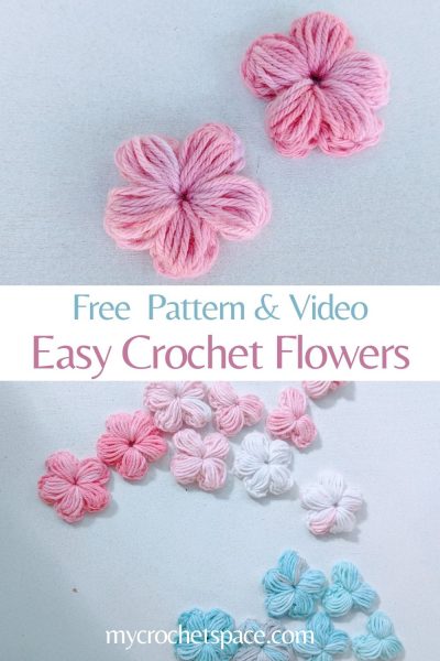 crochet fleurs en rose et bleu sur fond blanc