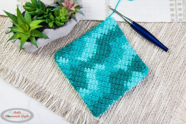 green and blue crochet potholder