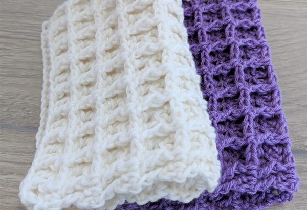 white and purple waffle crochet washcloth