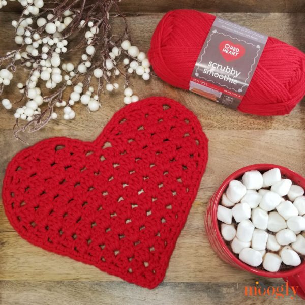 red heart shaped crochet washcloth with deco