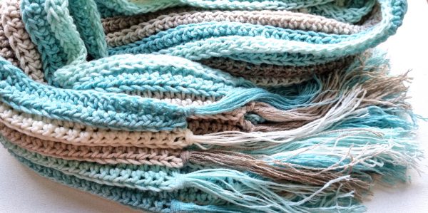 crochet scarf with fringe in blue, beige and white stripes