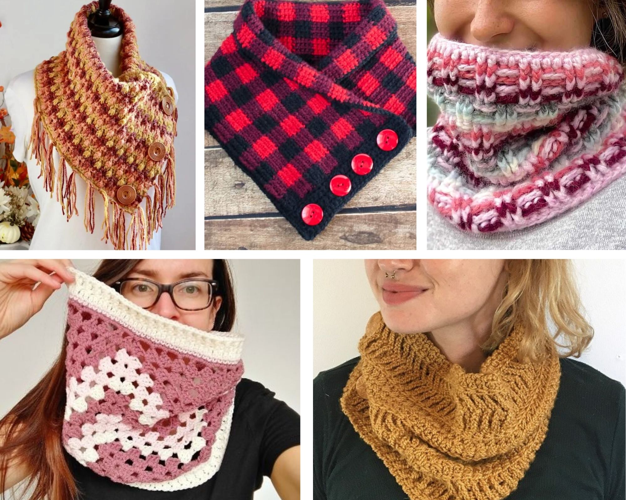 photo of five different crochet cowls
