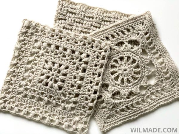 three crochet squares in natural colour on white background