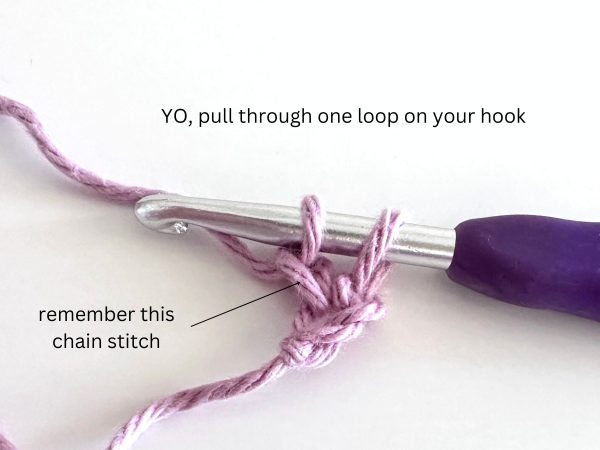 Two loops on hook, demonstrating the fourth step of the foundation single crochet stitch.