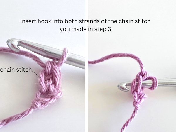 Two adjacent photos featuring pink yarn and a hook on a white background, depicting the next step of inserting the hook.