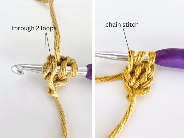 Two adjacent photos featuring golden yellow yarn and a purple hook on a white background, depicting the next step of inserting the hook.