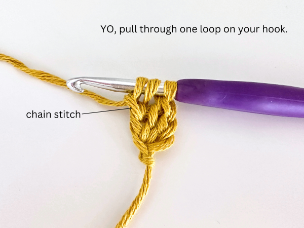 Three loops on a hook, with golden yellow yarn and purple hook, illustrating the sixth step of the foundation double crochet stitch