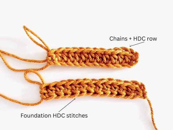 Comparison of chains and half double crochet row vs. foundation half double crochet stitches in orange yarn
