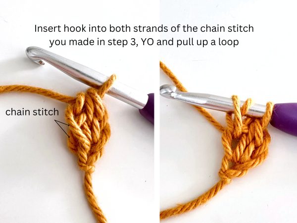Two adjacent photos featuring orange yarn and a purple hook on a white background, depicting the next step of inserting the hook