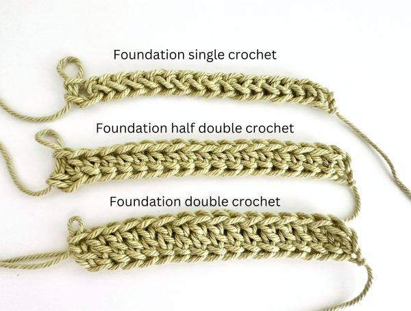 Comparison of different foundation stitches: single crochet vs. half double crochet vs. double crochet foundation stitches. Light green color yarn on a white background.