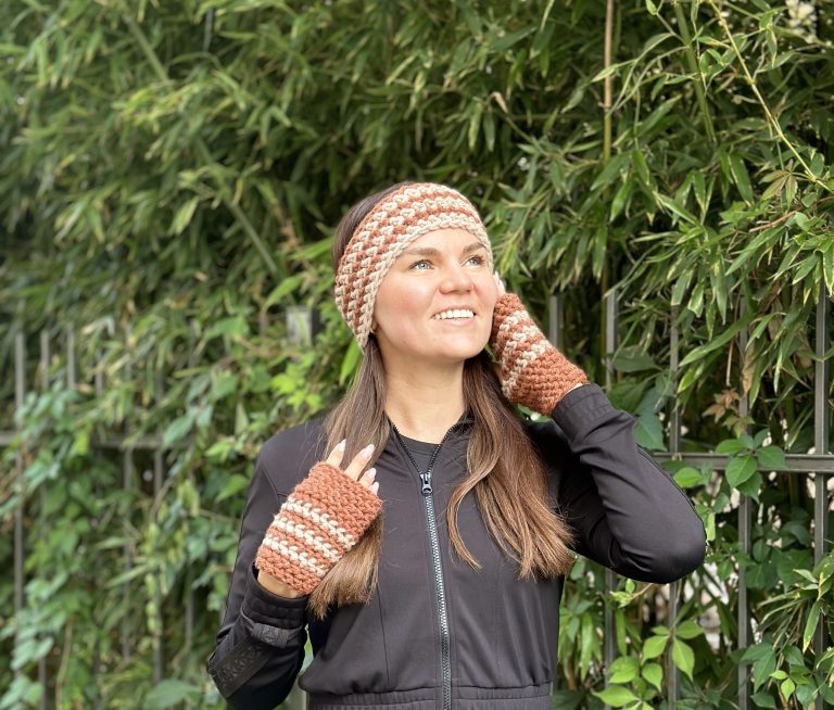 Cozy crochet ear warmer and fingerless gloves set