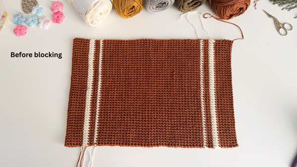 brown crochet placemat on white background with text - before blocking