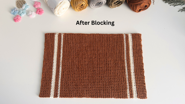 brown crochet placemat on white background with text - after blocking