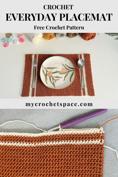 brown crochet placemat on white background with text: crochet everyday placemat, free crochet pattern