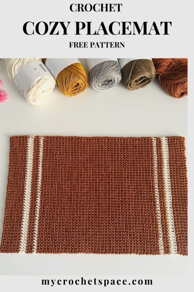 brown crochet placemat on white background with text - crochet cozy placemat, free pattern - pin
