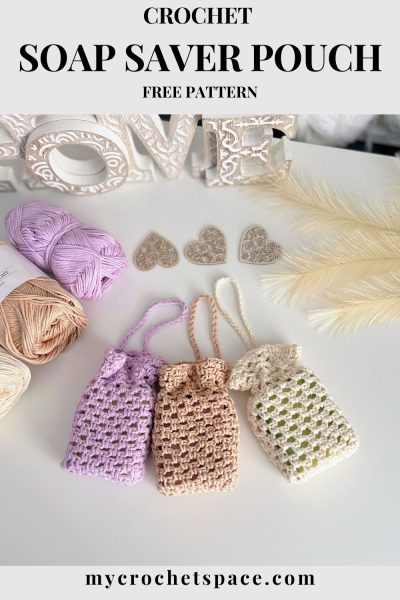Crochet soap saver pouches made with cotton yarn in lavender, beige, and cream colours, displayed with yarn and decorative hearts.